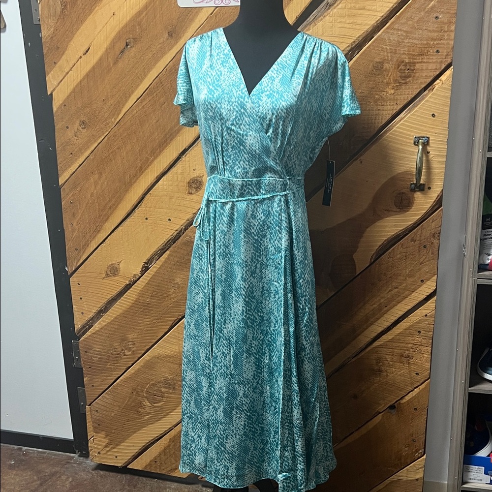 Tahari Teal Patterned Midi Dress
